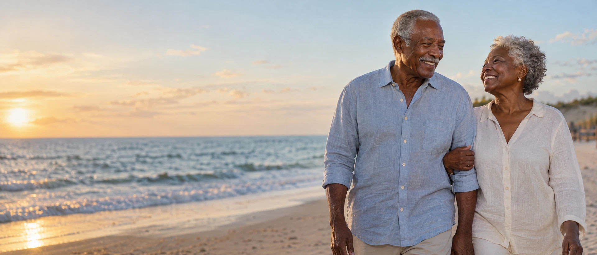 An elderly African American couple enjoying a peaceful walk together on the beach